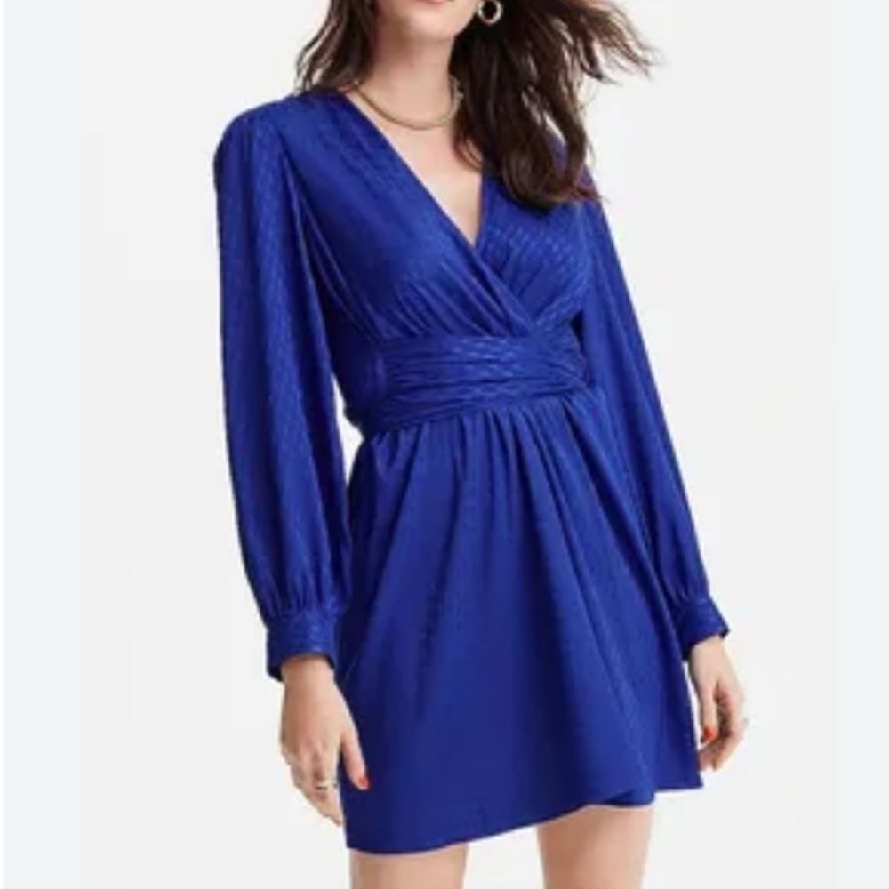 Express Royal Blue Jacquard Satin Tie Waist  Long Sleeve Mini Dress Size Small